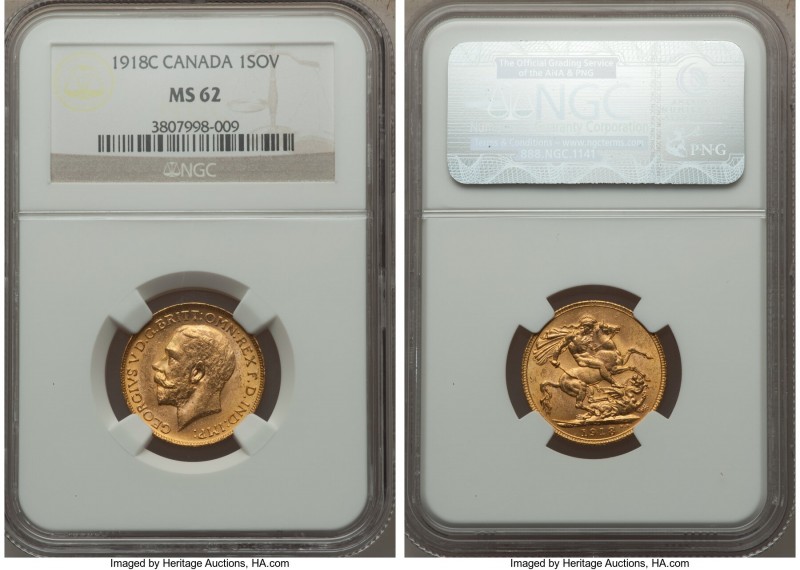 George V gold Sovereign 1918-C MS62 NGC, Ottawa mint, KM20. A flashy near-choice...