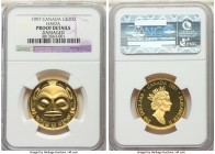 Elizabeth II gold Proof "Haida Mask" 200 Dollars 1997 Details (Damaged) NGC, Royal Canadian mint, KM288. Bright yellow-gold color with a tiny edge fla...
