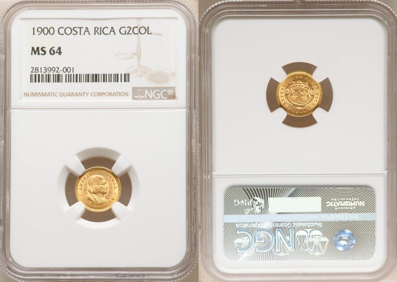 Republic gold 2 Colones 1900 MS64 NGC, Philadelphia mint, KM139. AGW 0.0450 oz. ...