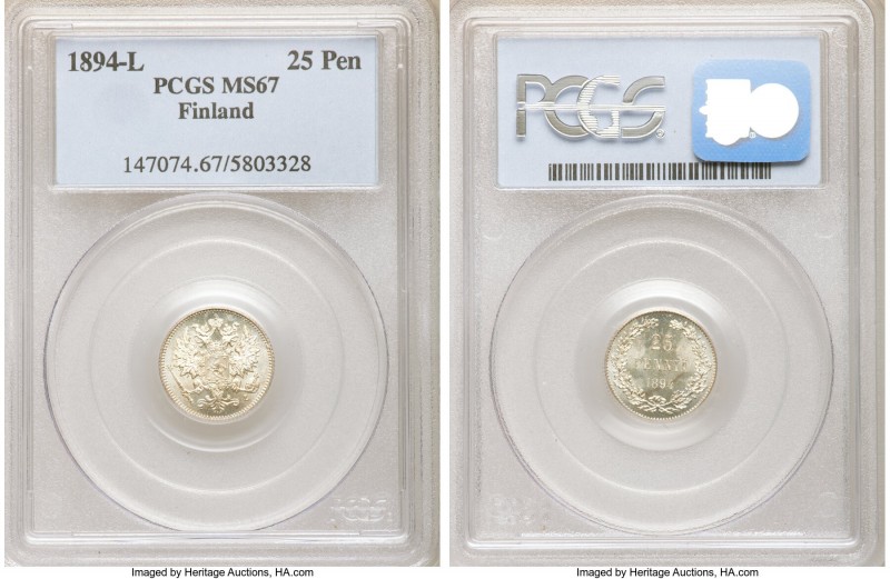 Russian Duchy. Nicholas II 25 Pennia 1894-L MS67 PCGS, Helsinki mint, KM6.2. Cri...