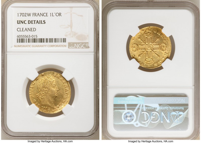 Louis XIV gold Louis d'Or 1702-W UNC Details (Cleaned) NGC, Lille mint, KM334.21...