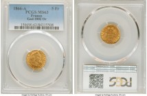 Napoleon III gold 5 Francs 1866-A MS63 PCGS, Paris mint, KM803.1, Gad-1002. Crisply struck small field scratch commensurate with grade. 

HID0980124...