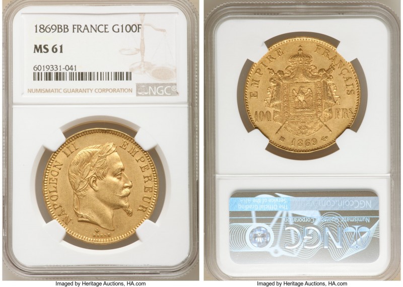 Napoleon III gold 100 Francs 1869-BB MS61 NGC, Strasbourg mint, KM802.2, Fr-551,...