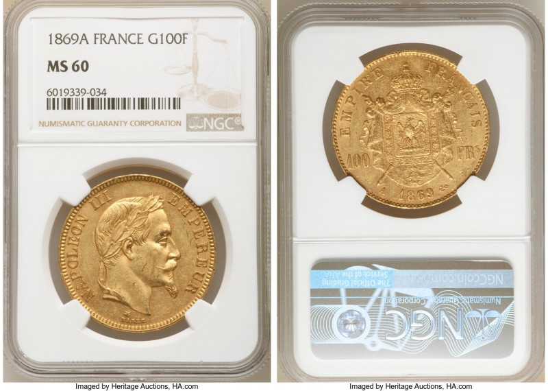 Napoleon III gold 100 Francs 1869-A MS60 NGC, Paris mint, KM802.1. AGW 0.9334 oz...