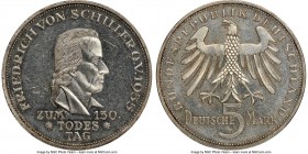 Federal Republic "Schiller" 5 Mark 1955-F MS63 NGC, Stuttgart mint, KM114. Commemorates the 150th anniversary of the death of Friedrich von Schiller. ...