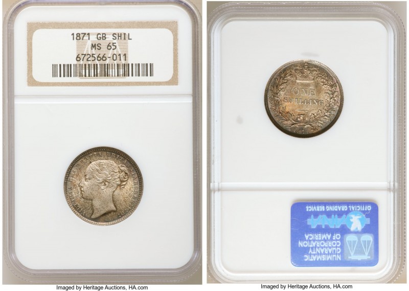 Victoria Shilling 1871 MS65 NGC, KM734.2. Young head type with die number 53. Ta...