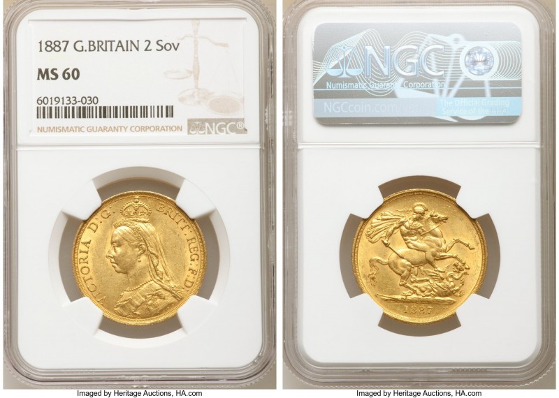 Victoria gold 2 Pounds 1887 MS60 NGC, KM768, S-3865. AGW 0.4710 oz. 

HID09801...