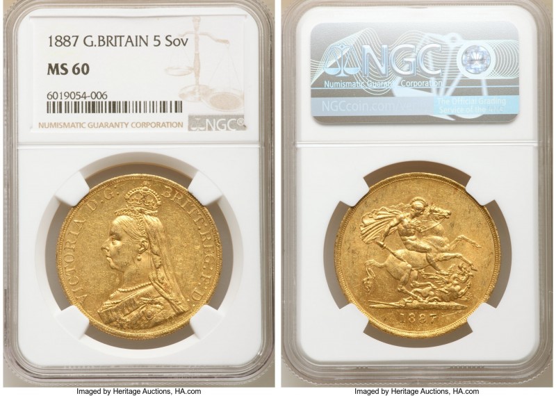 Victoria gold 5 Pounds 1887 MS60 NGC, KM769, S-3864. AGW 1.1775 oz. 

HID09801...