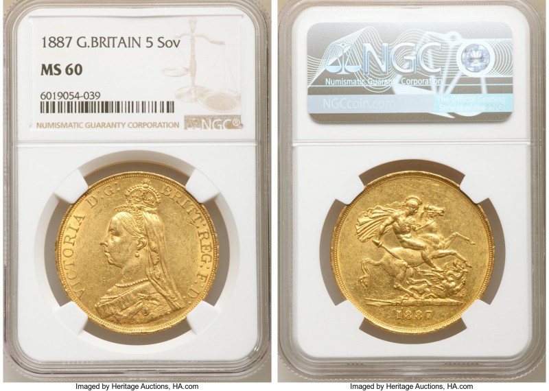 Victoria gold 5 Pounds 1887 MS60 NGC, KM769, S-3864. AGW 1.1775 oz. 

HID09801...
