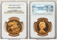 Elizabeth II gold Proof 5 Pounds 1980 PR66 Ultra Cameo NGC, KM924. Mintage: 10,000. Frosted cameo devices with deep mirrored fields. AGW 1.1775 oz. 
...