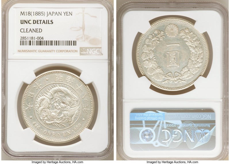 Meiji Yen Year 18 (1885) UNC Details (Cleaned) NGC, KM-YA25.2, JNDA 01-10. Semi-...