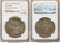 Philip V 8 Reales 1738 Mo-MF AU Details (Saltwater Damage) NGC, Mexico City mint, KM103. Still quite attractive, sheathed in anthracite and argent ton...