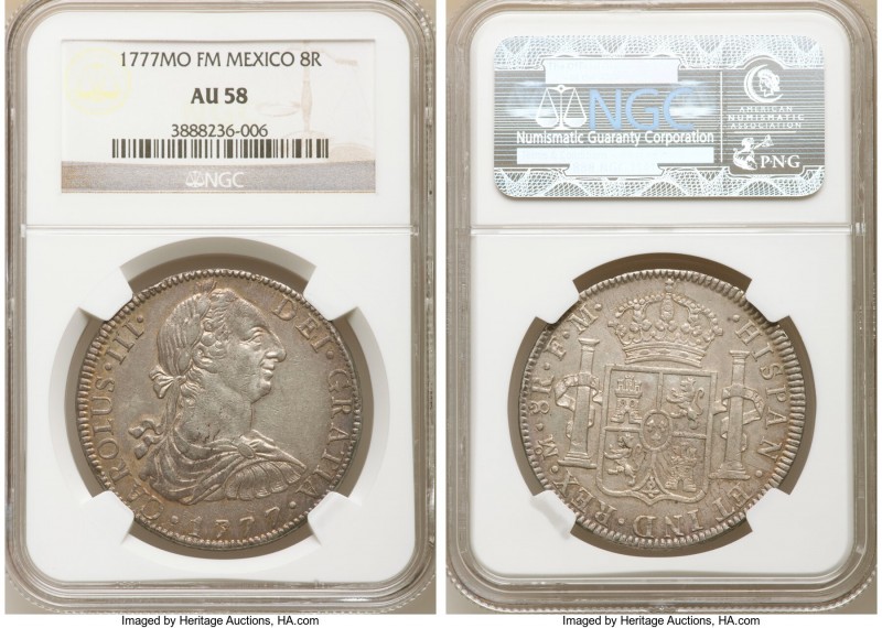 Charles III 8 Reales 1777 Mo-FM AU58 NGC, Mexico City mint, KM106.2. Nicely stru...