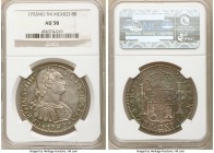 Charles IV 8 Reales 1792 Mo-FM AU58 NGC, Mexico City mint, KM109. Graced with a consistent cabinet tone in deeper shades of Purple, blue-green and gra...