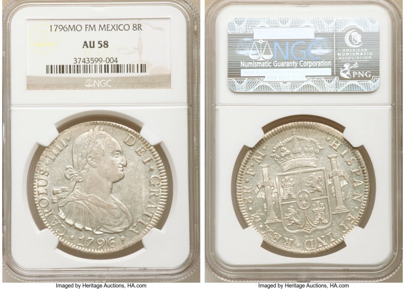 Charles IV 8 Reales 1796 Mo-FM AU58 NGC, Mexico City mint, KM109. Sparkling lust...