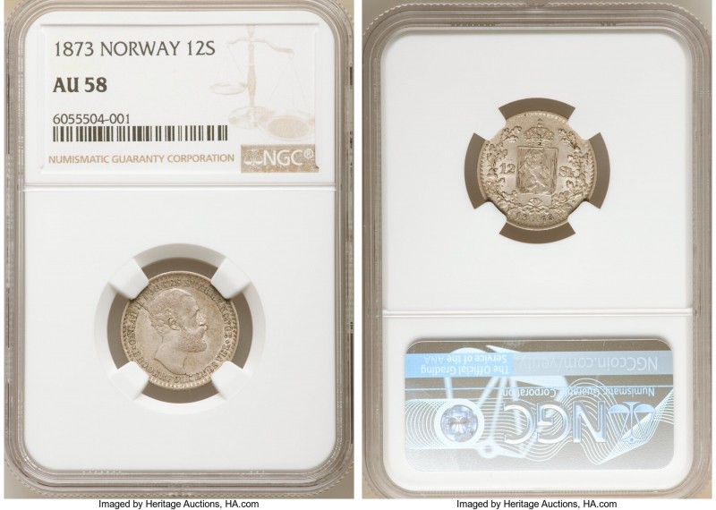 Oscar II 12 Skilling 1873 AU58 NGC, Kongsberg mint, KM339. Small die break on ba...