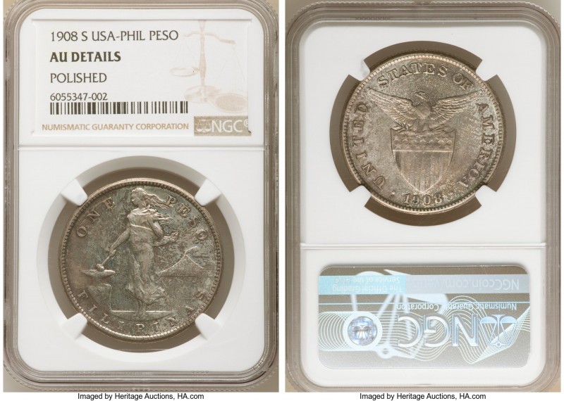 USA Administration Peso 1908-S AU Details (Polished) NGC, San Francisco mint, KM...