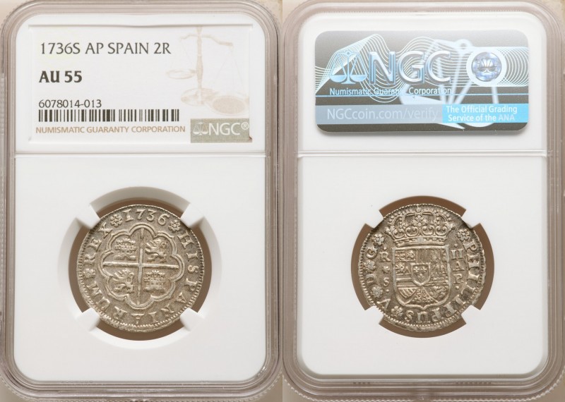 Philip V 2 Reales 1736 S-AP AU55 NGC, Seville mint, KM355. Amber tinted gray ton...