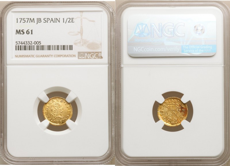 Ferdinand VI gold 1/2 Escudo 1757 M-JB MS61 NGC, Madrid mint, KM378. Lustrous an...