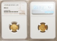 Ferdinand VI gold 1/2 Escudo 1757 M-JB MS61 NGC, Madrid mint, KM378. Lustrous and well struck, reverse stain. AGW 0.0498 oz. 

HID09801242017

© 2...