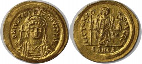 Byzantinische Munzen. Justinian I the Great (AD 527-565). AV-Solidus (21mm, 4.48 gm, 6h). Constantinople, 8th officina, AD 545-565. D N IVSTINI-AVS P ...