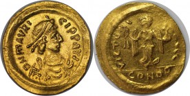 Maurice Tiberius (AD 582-602). AV semissis (17mm, 2.17 gm, 6h). Constantinople. D N MAVRI-CI P P AI, diademed, draped and cuirassed bust of Maurice ri...
