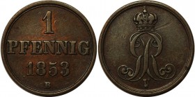 Altdeutsche Munzen und Medaillen, HANNOVER. 1 Pfenning 1853 B, CU. Sehr Schon