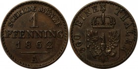 Altdeutsche Munzen und Medaillen, PREU?EN. 1 Pfenning 1862 A, CU. Vorzuglich-Stempelglanz