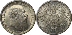Deutsche Munzen und Medaillen ab 1871, REICHSSILBERMUNZEN, Baden. 2 Mark 1907G. Friedrich I (1856-1907). J.32. Vorzuglich-Stempelglanz. Flecken.