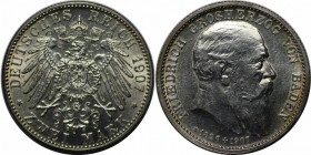 Deutsche Munzen und Medaillen ab 1871, REICHSSILBERMUNZEN, Baden, Friedrich I (1852-1907). 2 Mark 1907 G, Silber. Vorzuglich-stempelglanz. Kl.Kratzer.