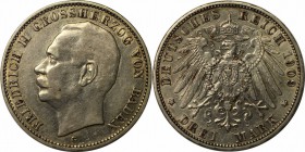 Deutsche Munzen und Medaillen ab 1871. Reichssilbermunze. Baden. 3 Mark 1909 G. Friedrich II(1907-1918). J.39. Silber. Sehr Schon-Vorzuglich.