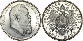 Deutsche Munzen und Medaillen ab 1871, REICHSSILBERMUNZEN, Bayern. Prinzregent Luitpold (1886-1912). 3 Mark 1911 D. Jaeger 49. Lebensdaten. Polierte P...