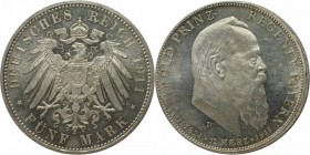 Deutsche Munzen und Medaillen ab 1871 , Bayern. Luitpold. 5 Mark 1911 D zum 90 jahr. Geb. m. Lebensdaten. Vs. dezentriert. Jaeger 50. Fast Stempelglan...