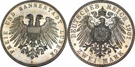 Deutsche Munzen und Medaillen ab 1871, REICHSSILBERMUNZEN, Lubeck. 2 Mark 1901 A. Jaeger 80. 250 Ex. Polierte Platte. .Feine Patina.