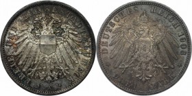 Deutsche Munzen und Medaillen ab 1871, REICHSSILBERMUNZEN, Lubeck. Freie und Hansestadt. 3 Mark 1908, Silber. Jaeger 82. Stempelglanz. Feine Patina