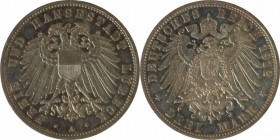 Deutsche Munzen und Medaillen ab 1871, REICHSSILBERMUNZEN, Lubeck. 3 Mark 1912 A, Silber. Jaeger 82. Stempelglanz. Patina.