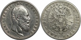 Deutsche Munzen und Medaillen ab 1871, REICHSSILBERMUNZEN, Wurttemberg. Karl (1864-1891). 2 Mark 1880 F. Jaeger 172. Schon-sehr schon.Kratzer.