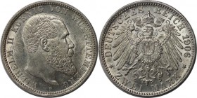 Deutsche Munzen und Medaillen ab 1871, REICHSSILBERMUNZEN, Wurttemberg. Wilhelm II (1891-1918). 2 Mark 1906 F, Silber. Jaeger 174. Vorzuglich-Stempelg...
