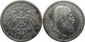 Deutsche Munzen und Medaillen ab 1871, REICHSSILBERMUNZEN, Wurttemberg, Wilhelm II (1891-1918). 5 Mark 1907 F, Silber. Jaeger 176. Sehr schon-vorzugli...