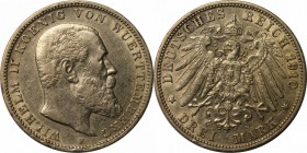 Deutsche Munzen und Medaillen ab 1871, REICHSSILBERMUNZEN, Wurttemberg. 3 Mark 1910 F, Silber. Jaeger 175. Sehr schon-vorzuglich.Kratzer