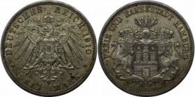 Deutsche Munzen und Medaillen ab 1871, REICHSSILBERMUNZEN, Hamburg. 3 Mark 1910 J, Silber. Jaeger 64. Vorzuglich