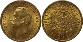 Deutsche Munzen und Medaillen ab 1871, REICHSGOLDMUNZEN, Baden, Friedrich II (1907-1918). 20 Mark 1914 G, Gold. Jaeger 192. Fast Stempelglanz