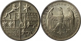Deutsche Munzen und Medaillen ab 1871, WEIMARER REPUBLIK. Marburg University. 3 Mark 1927 A, Silber. Jaeger 330. Vorzuglich-Stempelglanz. Flecken
