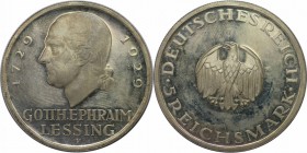 Deutsche Munzen und Medaillen ab 1871, WEIMARER REPUBLIK. Lessing. 5 Mark 1929 F, Silber. Jaeger 336. Polierte Platte. Fingerabdrucke.