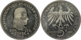 Deutsche Munzen und Medaillen ab 1945, BUNDESREPUBLIK DEUTSCHLAND. Zum 150. Todestag von Friedrich von Schiller. 5 Mark 1955 F, Silber. Jaeger 389. Vo...