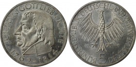 Deutsche Munzen und Medaillen ab 1945, BUNDESREPUBLIK DEUTSCHLAND. 150. Todestag Fichtes. 5 Mark 1964 J, Silber. Jaeger 393. Stempelglanz