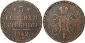 Russische Munzen und Medaillen, Nikolaus I. (1826-1855), 3 Kopeke 1842 EM. Kupfer. Bitkin 541. Sehr schon+