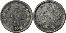 Russische Munzen und Medaillen, Alexander III (1881-1894), 20 Kopeken 1886. Silber. Bitkin 105. Vorzuglich-stempelglanz