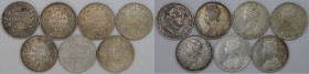 Weltmunzen und Medaillen , India, Lots und Sammlungen. Britisch Indien. 7 x 1 Rupee (1835-85). Lot von 7 munzen. Silber. Stempelglanz
