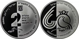 Weltmunzen und Medaillen , Israel. 60 Jahre Israel -O in 60 Symbol fur Granatapfel. 2 New Sheqalim 2008, 0.86 OZ. Silber. KM 446. PCGS PR70DCAM Auflag...